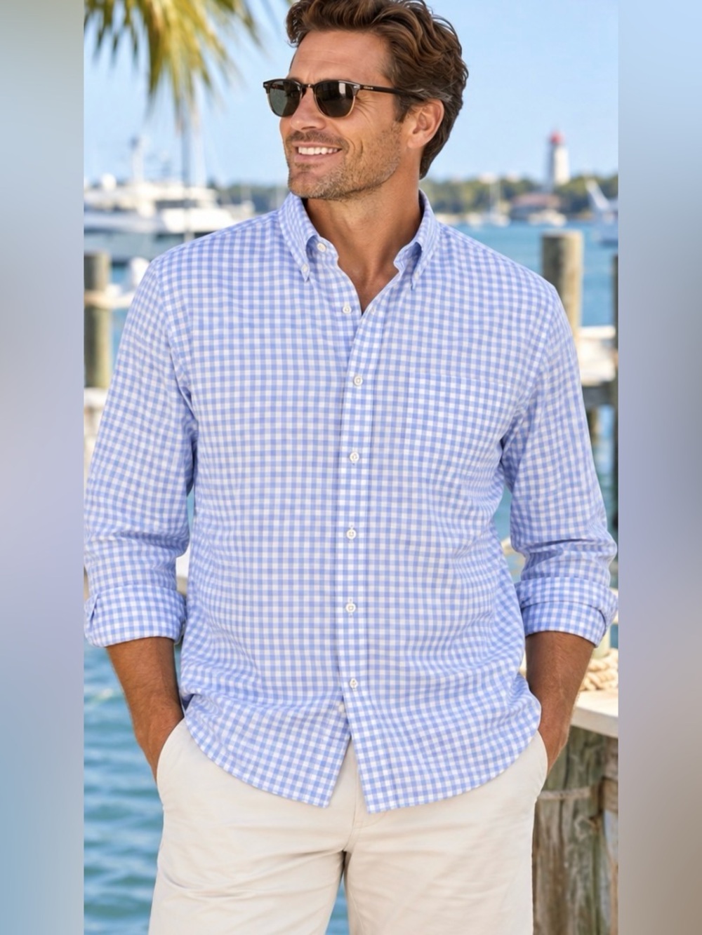 J. McLaughlin Men’s Large Blue White Gingham Cotton Button Down Shirt Preppy